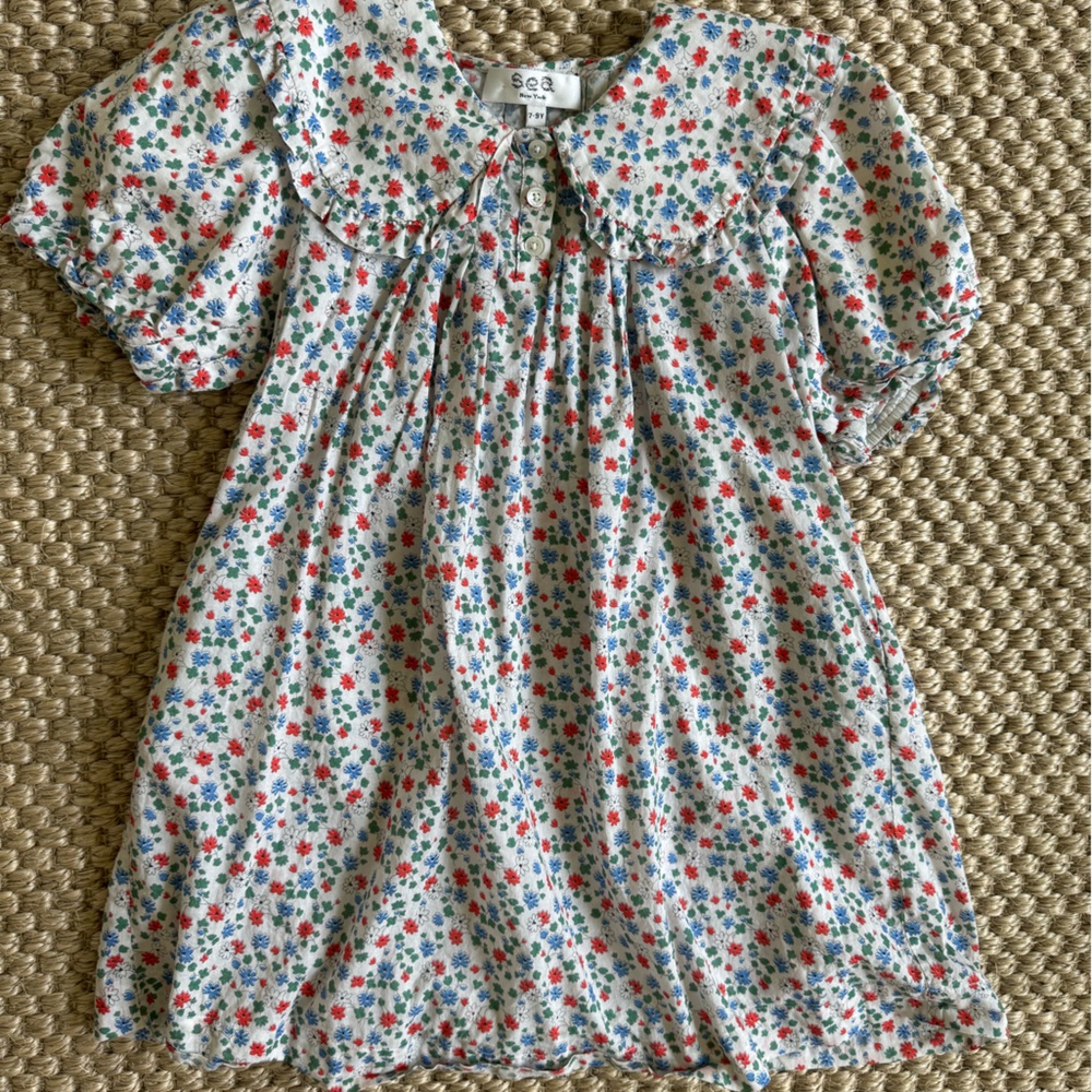 Sea NY girl’s floral dress cotton Peter Pan collar short puff sleeves size 7-8